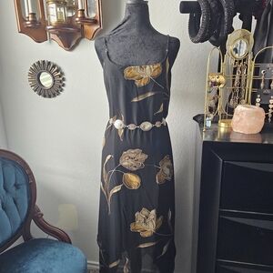 Mlle Gabrielle Black Dress with Gold Floral Accents
